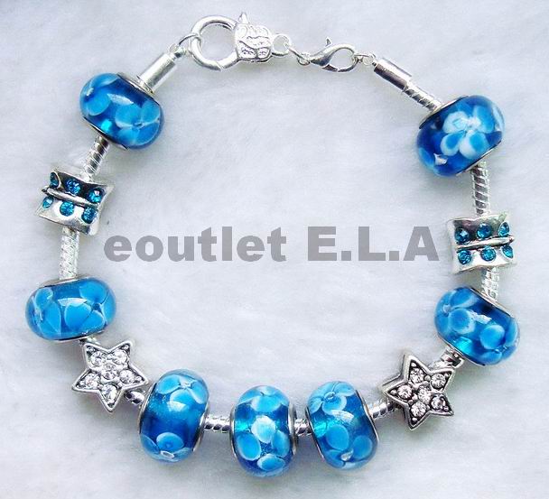 BLUE GLASS EUROPEAN CHARM SILVER BRACELET